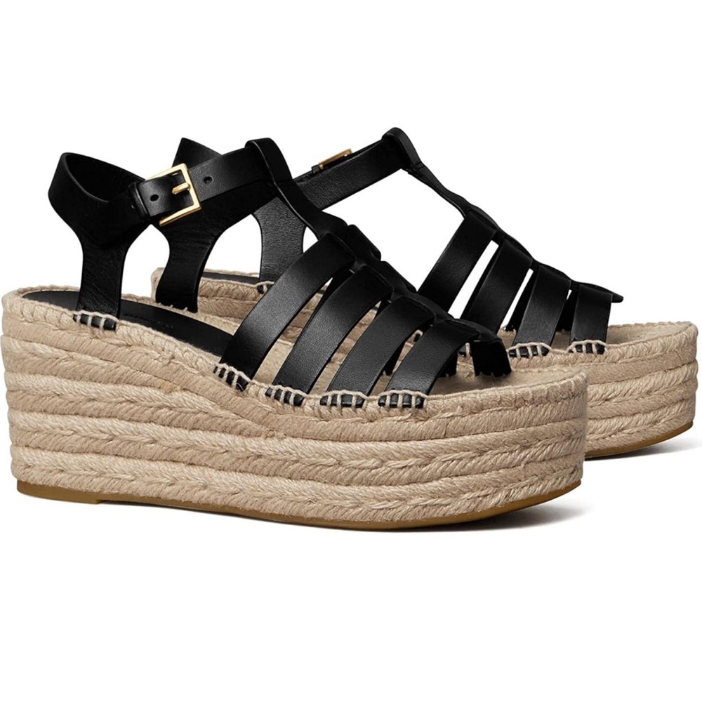 Tory Burch Women's Fisherman Espadrille Platform Wedge Sandal Black Leather